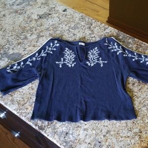 Navy and White Embroidered Top